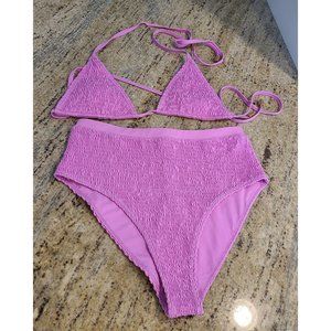 Sago Swimwear Pink Smocked Bikini Size M. Gold Tone Tie Ends Bling